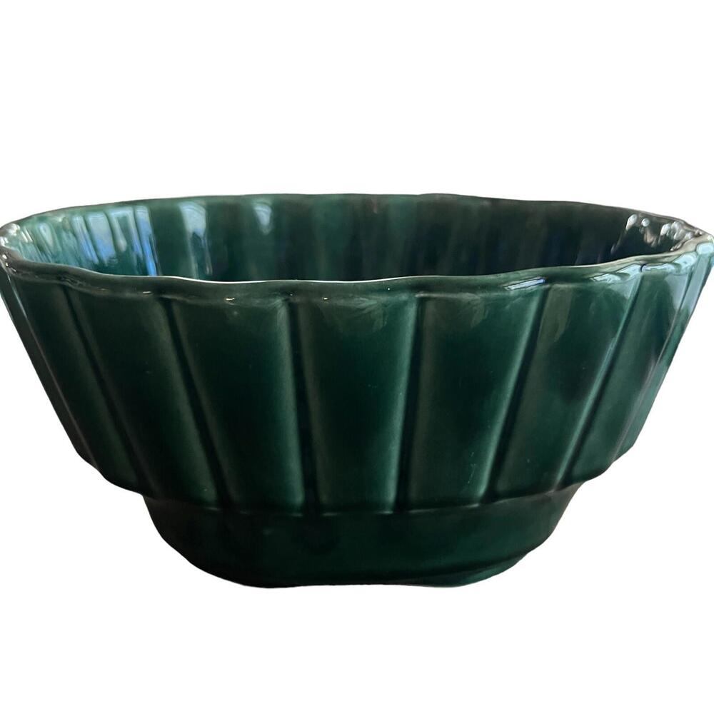 Hull USA 720 Planter Ceramic Scalloped Oval Forest Green Glaze